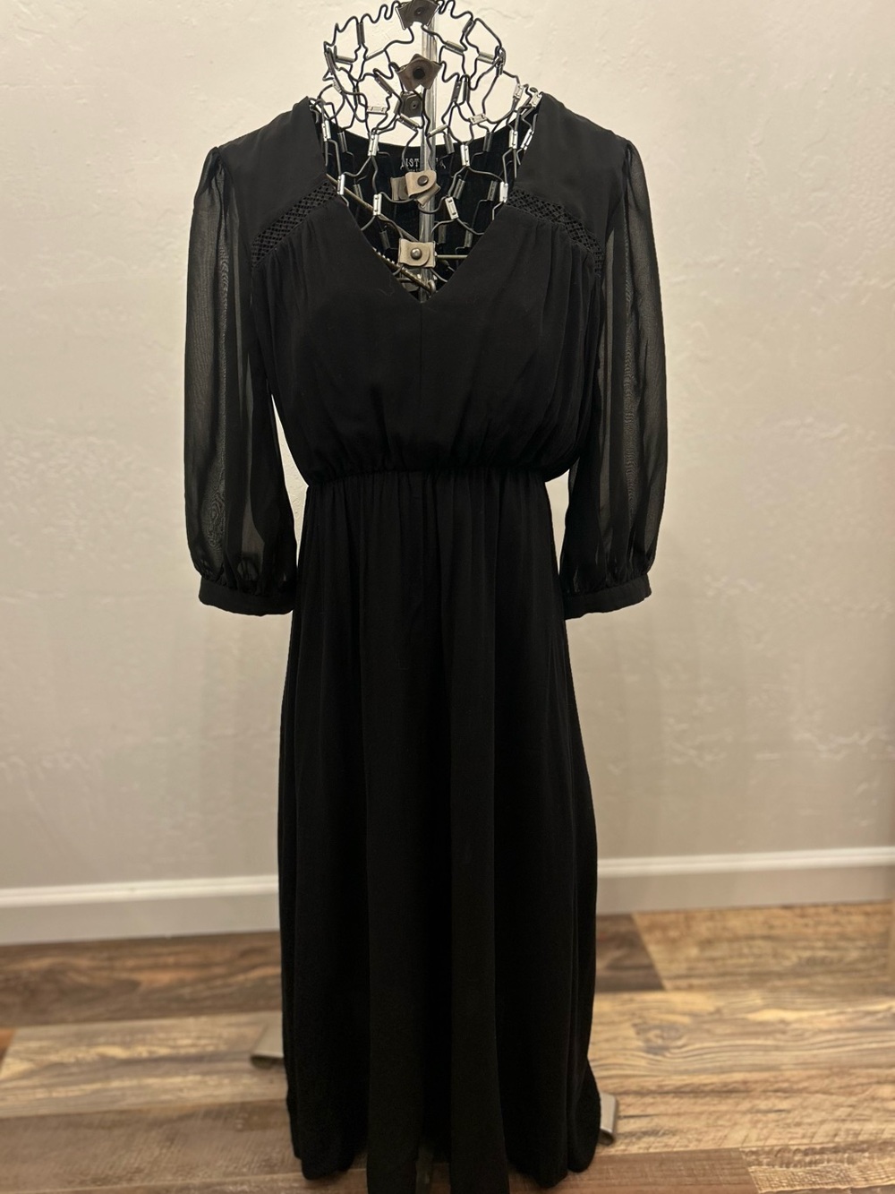 Disturbia Black Gothic Midi Dress‎ Sheer Sleeves Mesh Detail US 4